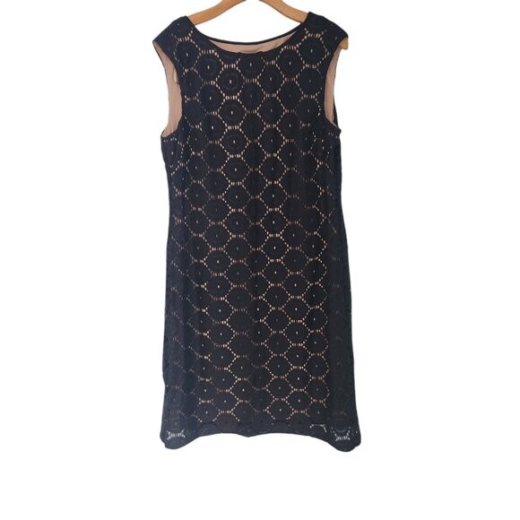 JESSICA HOWARD Navy Blue Tan Eyelet Dress Sheath Lace Knee Length Stretch Sz 14 - Picture 1 of 12